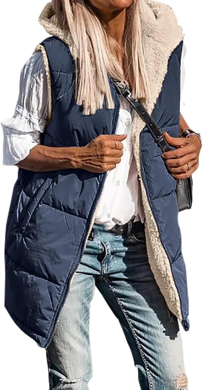Womens Reversible Vests 2024 Winter Sleeveless Fleece Jacket Zip Up Hoodie Pockets Long Warm Coat Outerwear