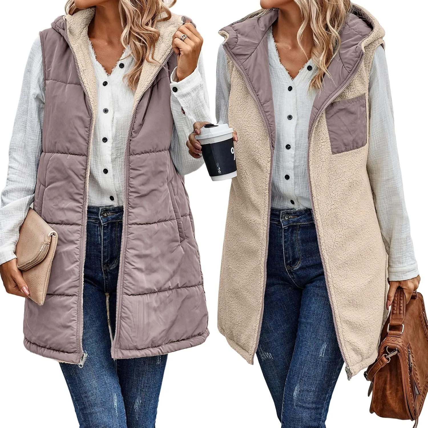 Womens Reversible Vests 2024 Winter Sleeveless Fleece Jacket Zip Up Hoodie Pockets Long Warm Coat Outerwear