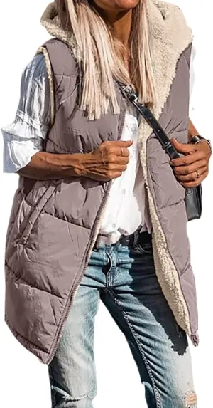 Womens Reversible Vests 2024 Winter Sleeveless Fleece Jacket Zip Up Hoodie Pockets Long Warm Coat Outerwear
