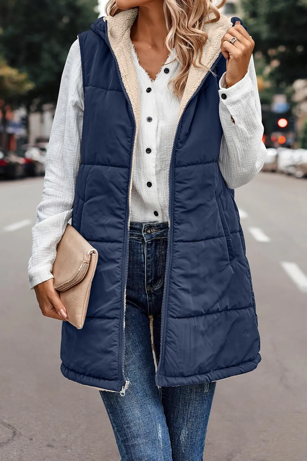 Womens Reversible Vests 2024 Winter Sleeveless Fleece Jacket Zip Up Hoodie Pockets Long Warm Coat Outerwear