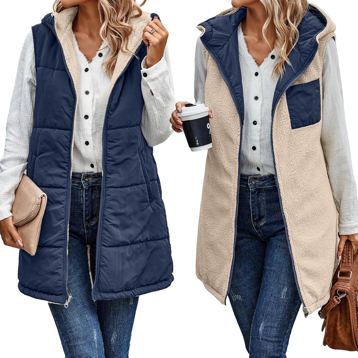 Womens Reversible Vests 2024 Winter Sleeveless Fleece Jacket Zip Up Hoodie Pockets Long Warm Coat Outerwear