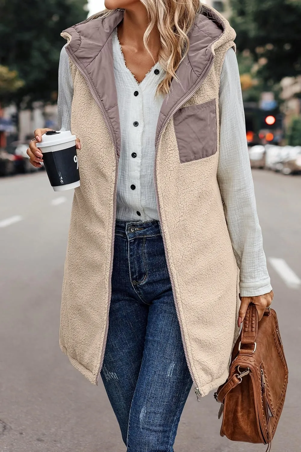 Womens Reversible Vests 2024 Winter Sleeveless Fleece Jacket Zip Up Hoodie Pockets Long Warm Coat Outerwear