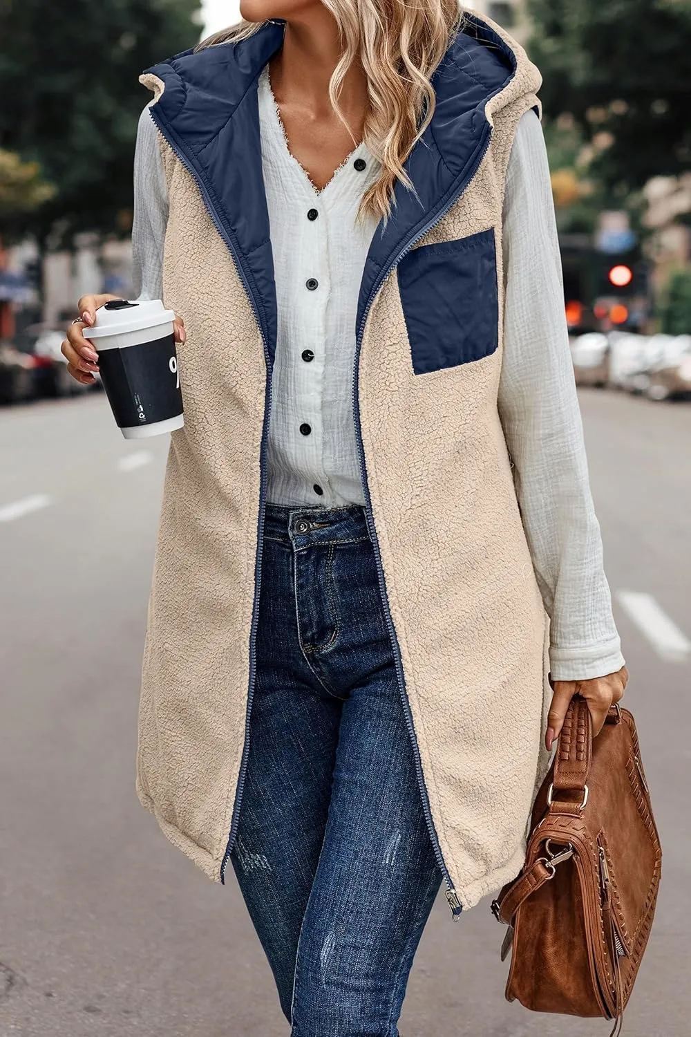 Womens Reversible Vests 2024 Winter Sleeveless Fleece Jacket Zip Up Hoodie Pockets Long Warm Coat Outerwear