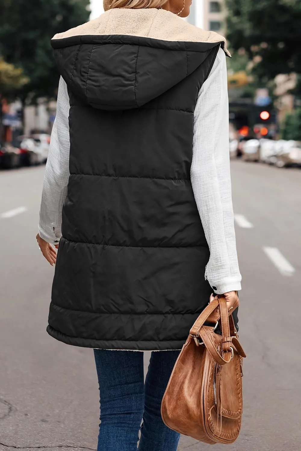 Womens Reversible Vests 2024 Winter Sleeveless Fleece Jacket Zip Up Hoodie Pockets Long Warm Coat Outerwear