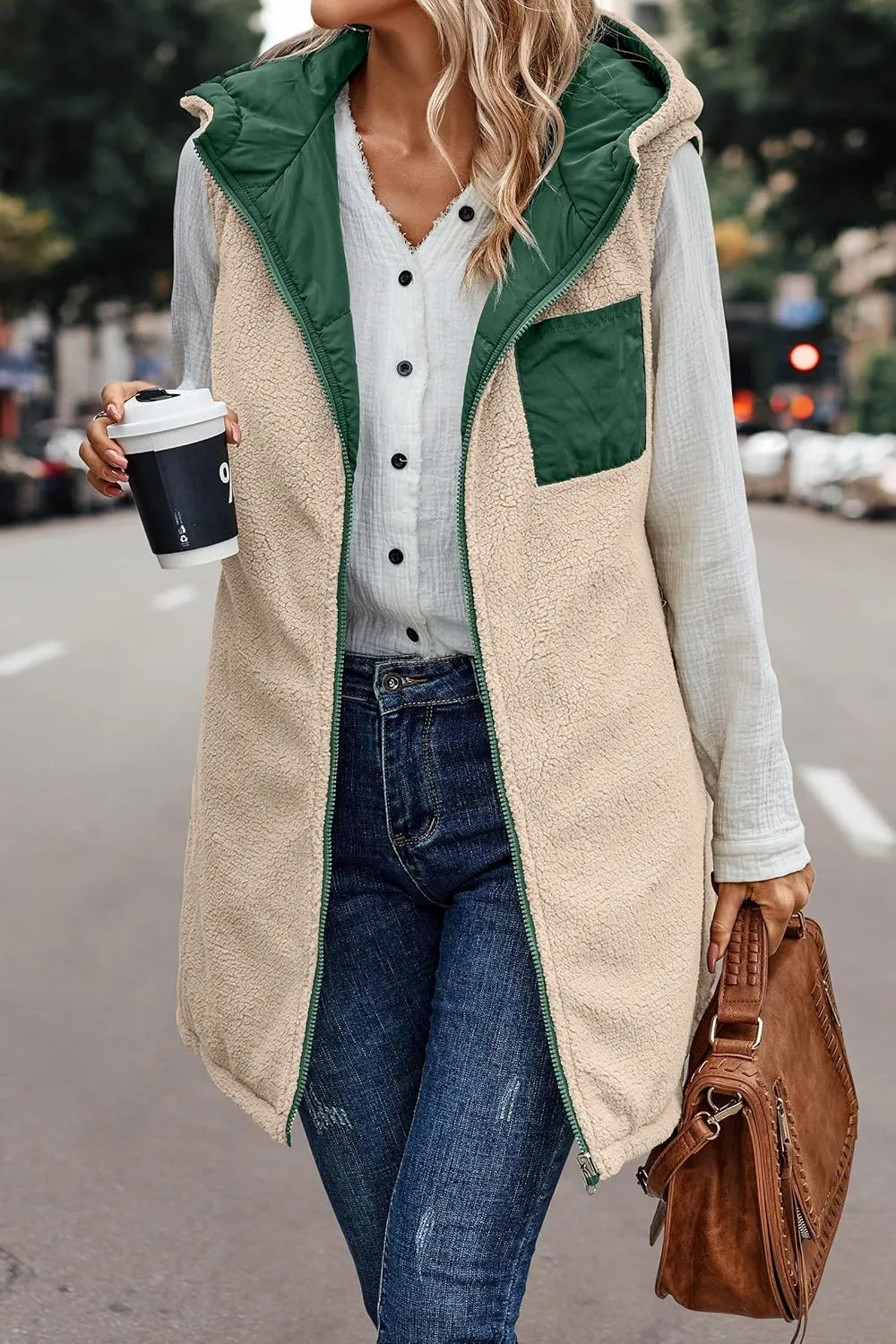 Womens Reversible Vests Sleeveless Jacket Zip Up Hoodie 2023 Fall Winter Warm Long Fleece Coat Outerwear with Pockets
