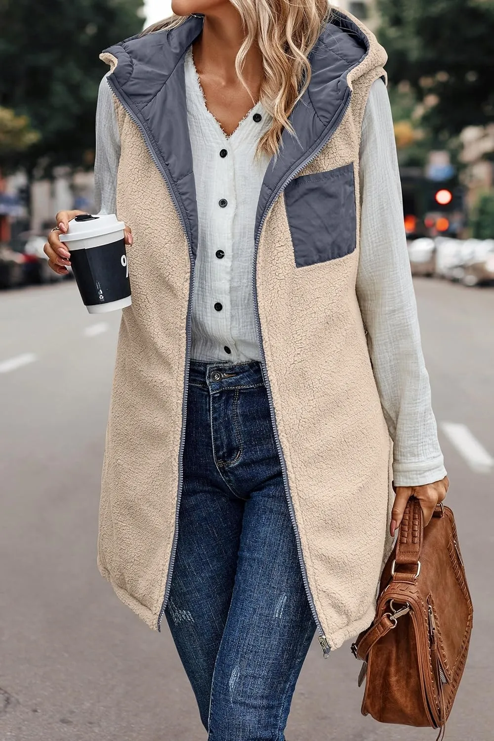 Womens Reversible Vests Sleeveless Jacket Zip Up Hoodie 2023 Fall Winter Warm Long Fleece Coat Outerwear with Pockets