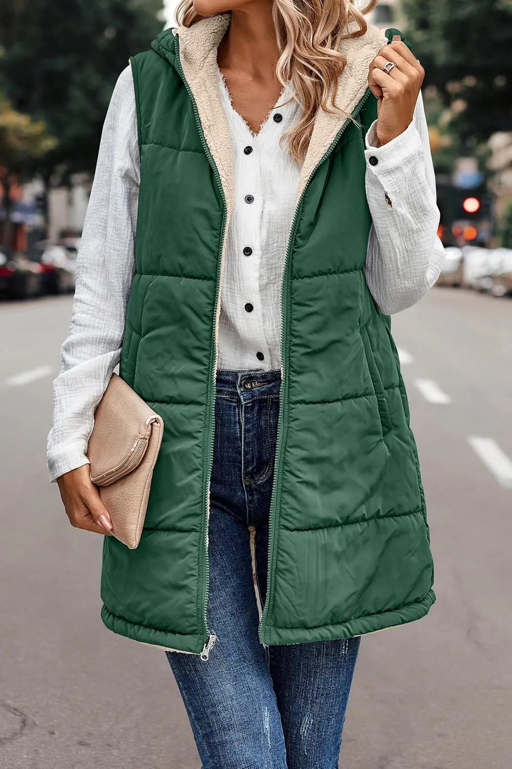 Womens Reversible Vests Sleeveless Jacket Zip Up Hoodie 2023 Fall Winter Warm Long Fleece Coat Outerwear with Pockets
