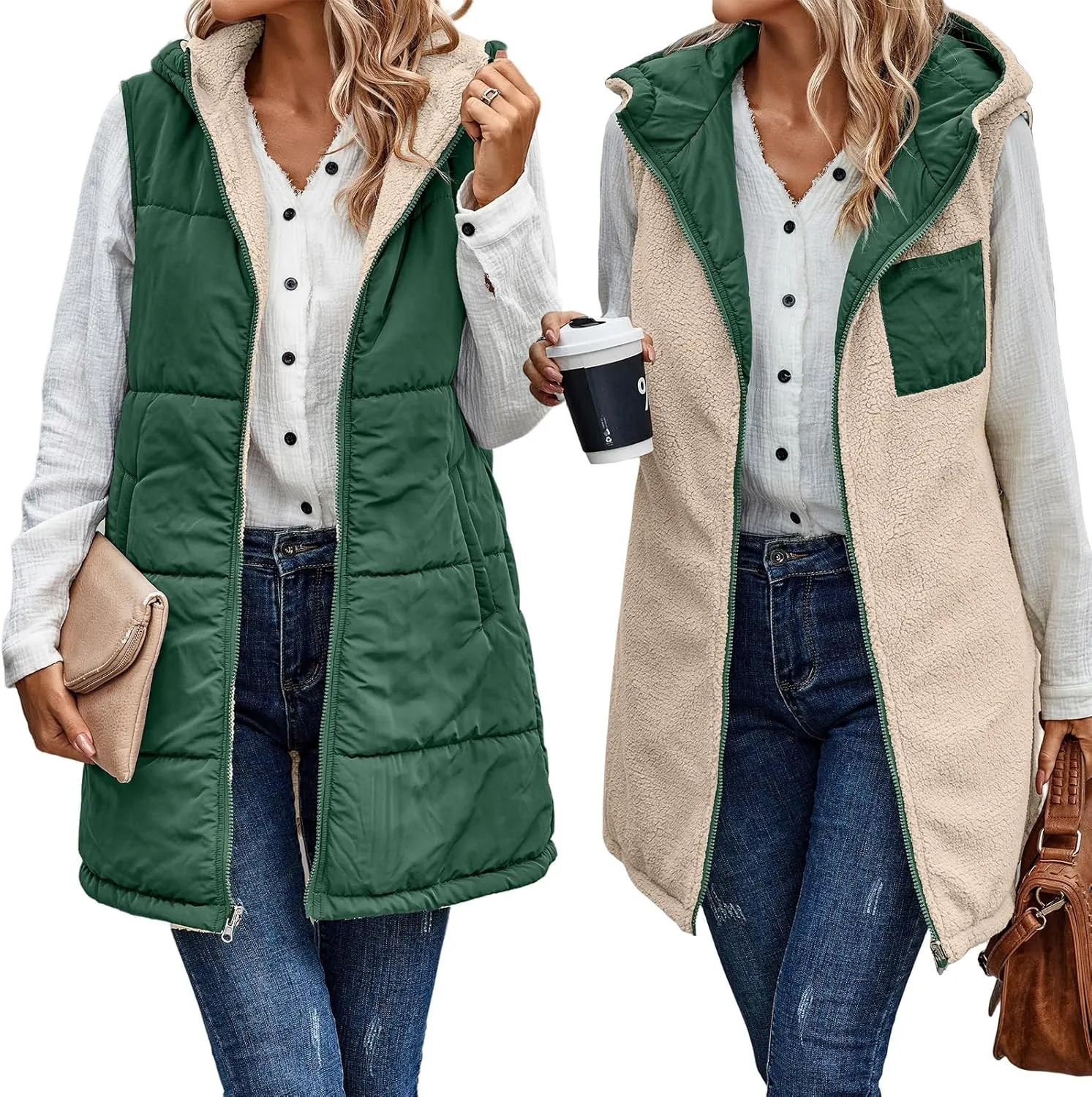 Womens Reversible Vests Sleeveless Jacket Zip Up Hoodie 2023 Fall Winter Warm Long Fleece Coat Outerwear with Pockets