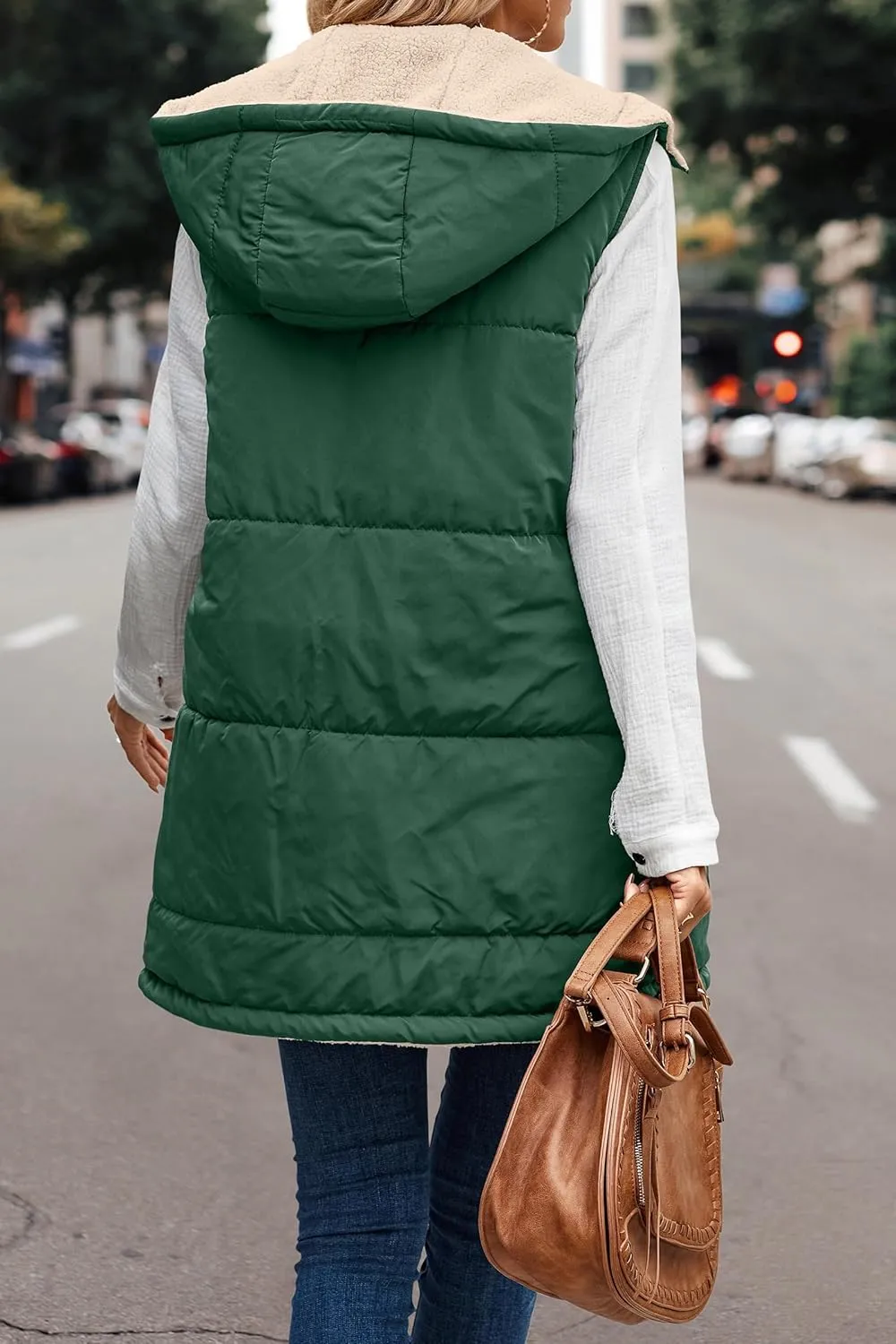Womens Reversible Vests Sleeveless Jacket Zip Up Hoodie 2023 Fall Winter Warm Long Fleece Coat Outerwear with Pockets