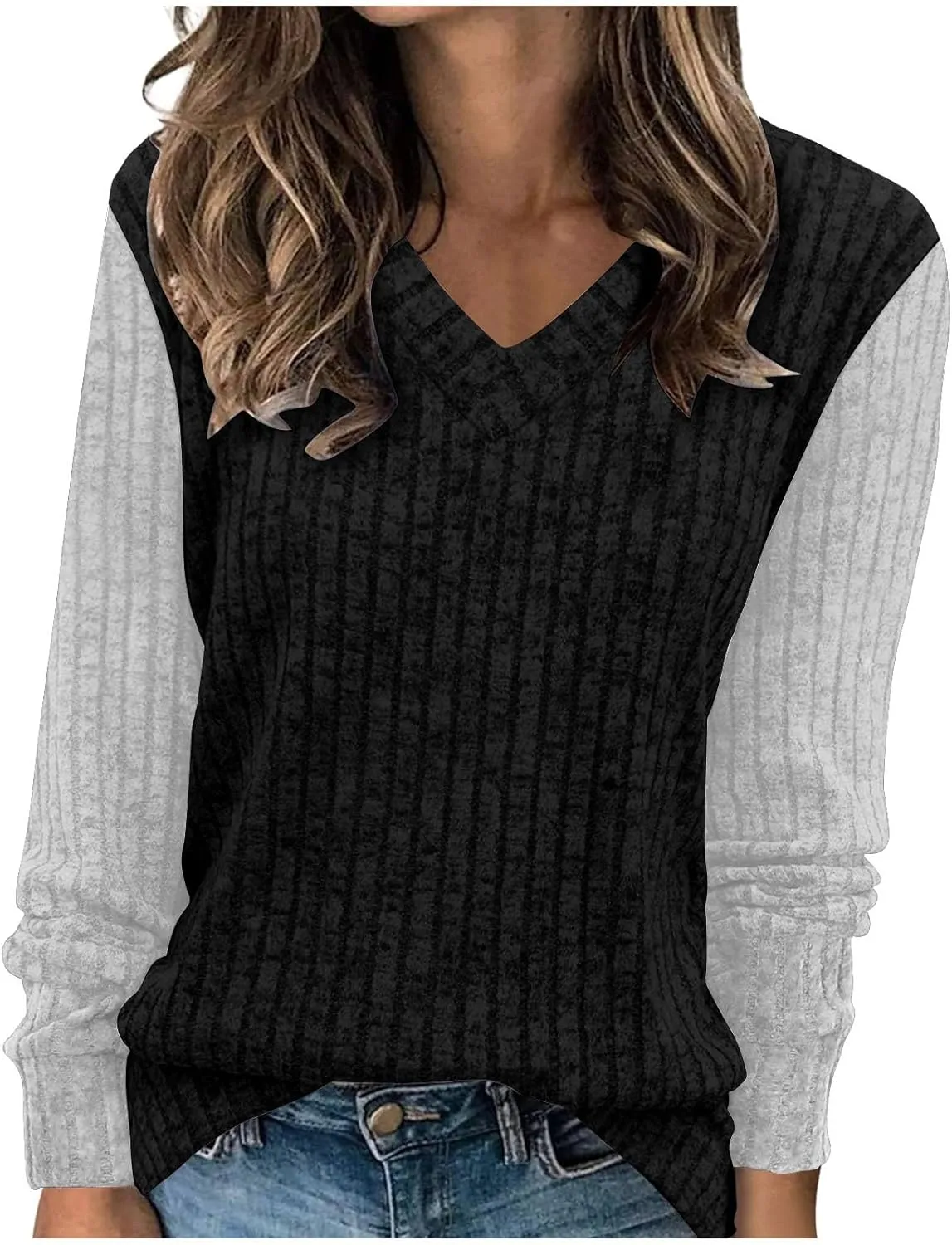 Womens Ribbed Long Sleeve Shirt Trendy Color Block V Neck Casual Tunic Slim Fit Fall Soft Going Out Pullover Sweater