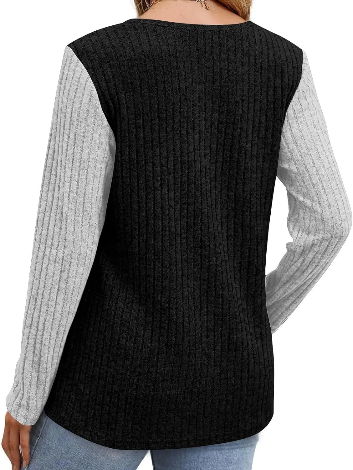 Womens Ribbed Long Sleeve Shirt Trendy Color Block V Neck Casual Tunic Slim Fit Fall Soft Going Out Pullover Sweater