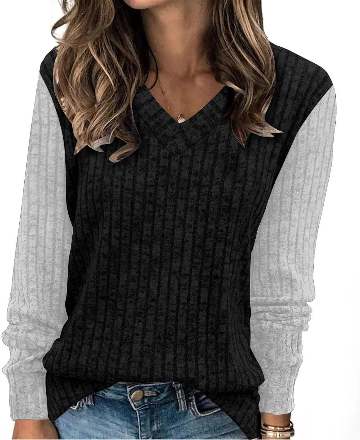 Womens Ribbed Long Sleeve Shirt Trendy Color Block V Neck Casual Tunic Slim Fit Fall Soft Going Out Pullover Sweater