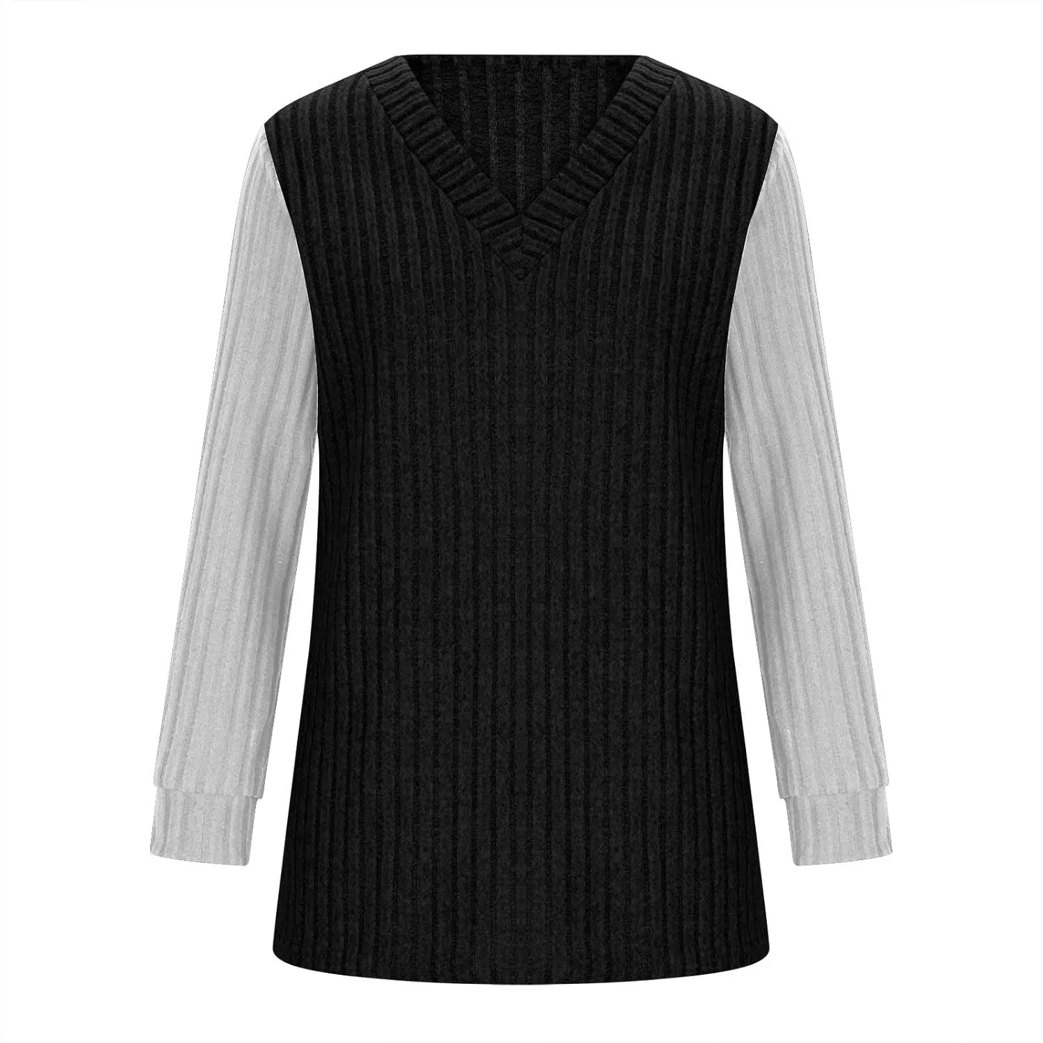 Womens Ribbed Long Sleeve Shirt Trendy Color Block V Neck Casual Tunic Slim Fit Fall Soft Going Out Pullover Sweater