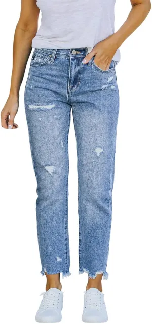 Women's Ripped Denim Pants High Waisted Stretch Skinny Jeans Casual Slim Fit Vintage Distressed Jeans Trousers with Pockets