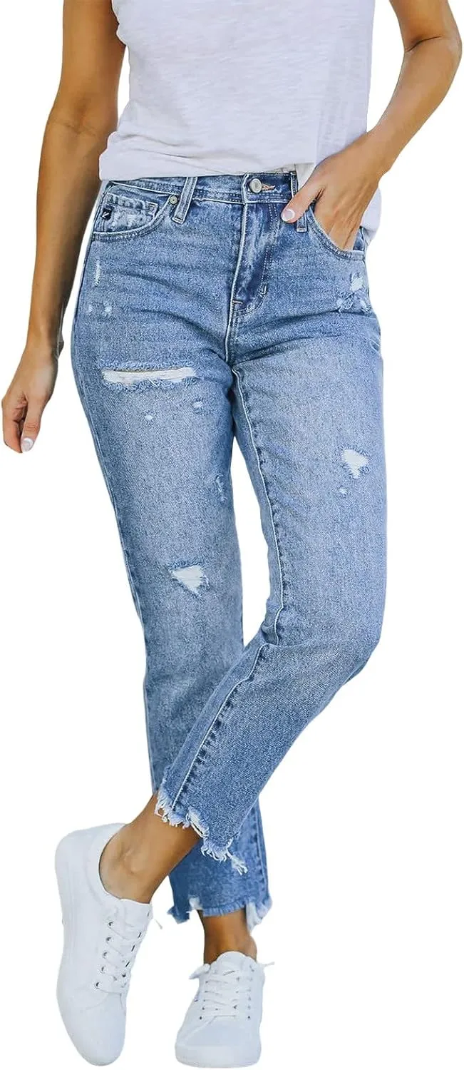 Women's Ripped Denim Pants High Waisted Stretch Skinny Jeans Casual Slim Fit Vintage Distressed Jeans Trousers with Pockets