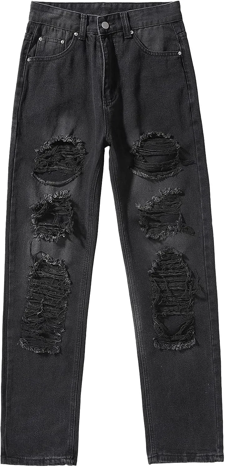 Women's Ripped Jeans, Women's High Waist Straight Leg Ripped Jeans Distressed Denim Pants