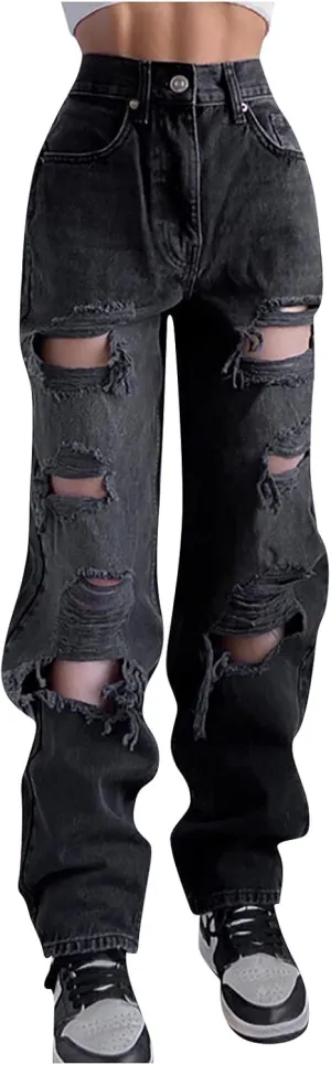 Women's Ripped Jeans, Women's High Waist Straight Leg Ripped Jeans Distressed Denim Pants