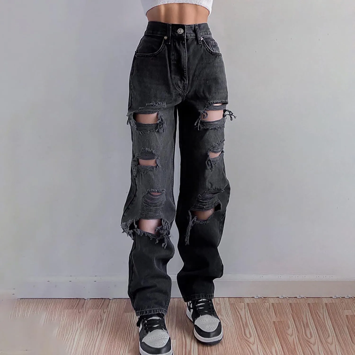 Women's Ripped Jeans, Women's High Waist Straight Leg Ripped Jeans Distressed Denim Pants