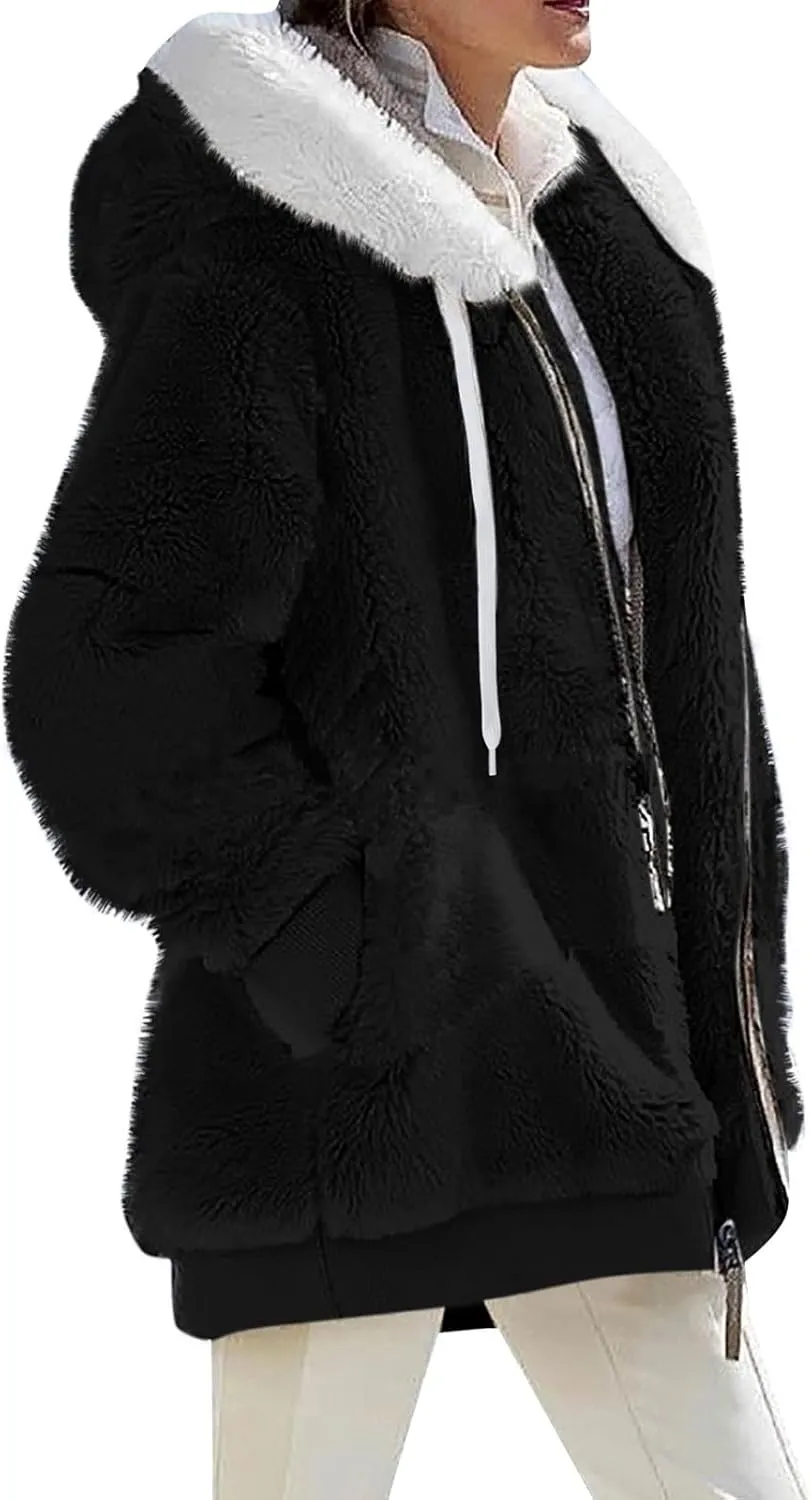Women's Sherpa Fleece Casual Winter Warm Coat Oversized Zipper Hoodie Jackets