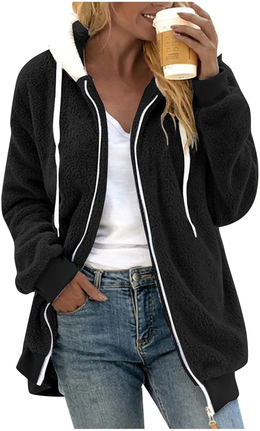 Women's Sherpa Fleece Casual Winter Warm Coat Oversized Zipper Hoodie Jackets