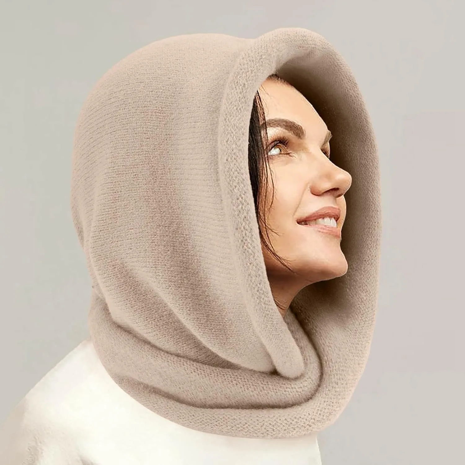 Women's Solid Color Winter Scarf Hat Combo Plush Knit Headscarf with Faux Caps