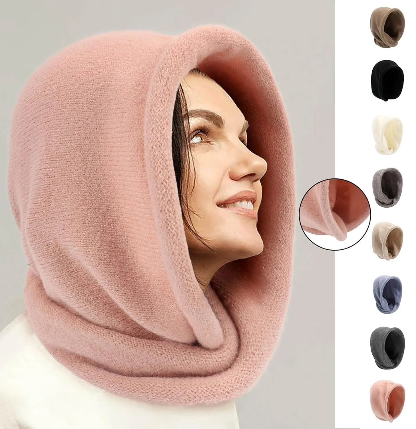 Women's Solid Color Winter Scarf Hat Combo Plush Knit Headscarf with Faux Caps