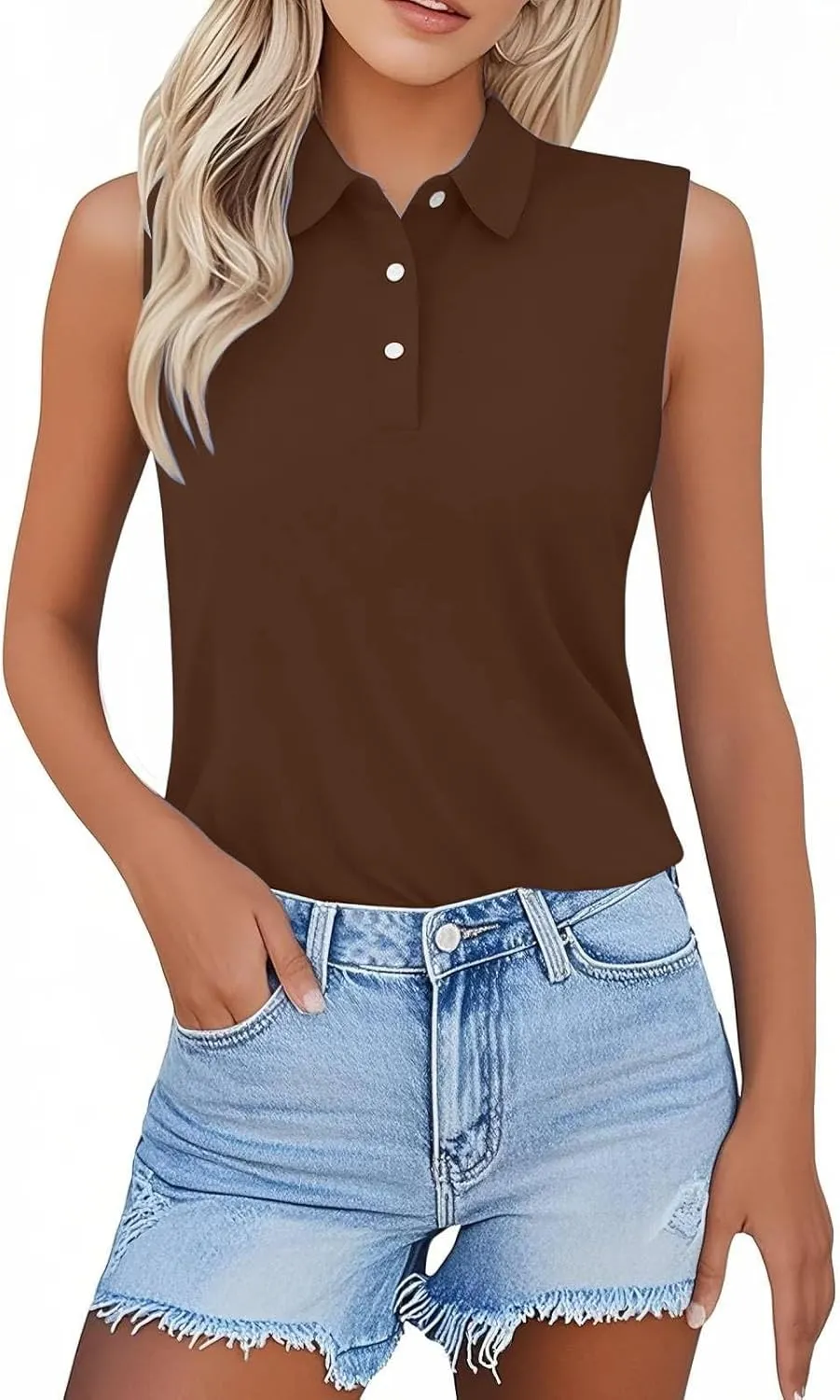 Women's Solid Sleeveless Tank Tops Summer Button Down Shirts Office Ladies Shirts