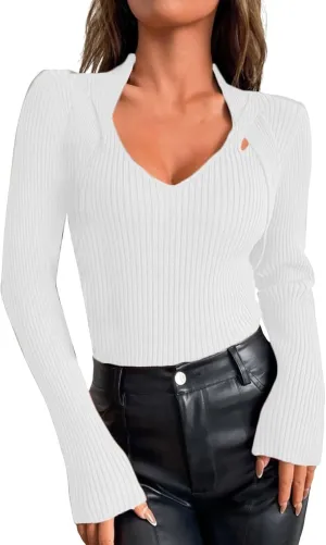 Women's Striped Knit Sweater Tops Slim Fit Long Sleeve V Neck Shirts Casual Pullover Blouse Ladies Dressy Outfits