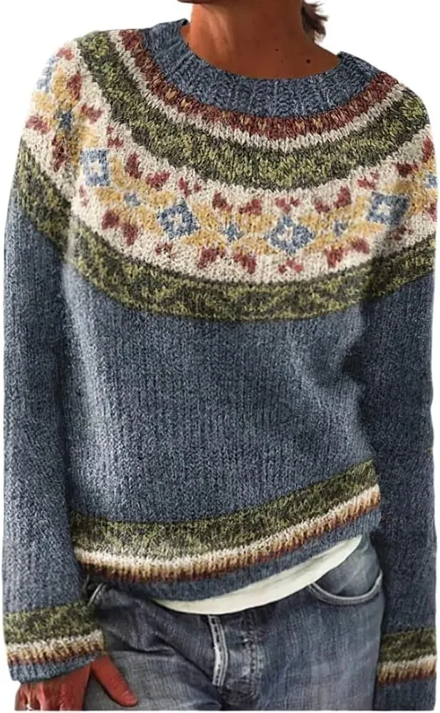 Women's Sustainably Crafted Fair Isle Sweater Women's Knitted Isle Print Retro Sweater Long Sleeve Crewneck