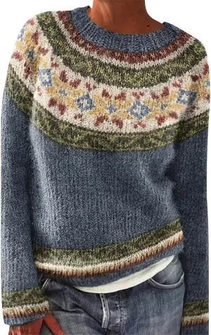 Women's Sustainably Crafted Fair Isle Sweater Women's Knitted Isle Print Retro Sweater Long Sleeve Crewneck