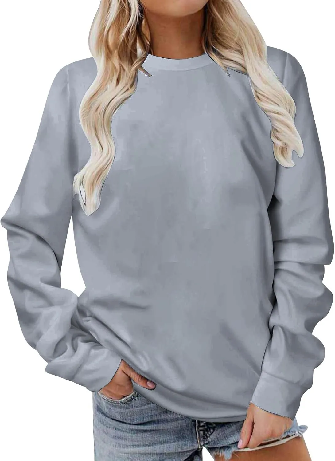 Womens Sweatshirts 2023 Long Sleeve Solid Plain Crewneck Pullover Shirts Loose Fit Tunic Casual Fashion Fall Outfits