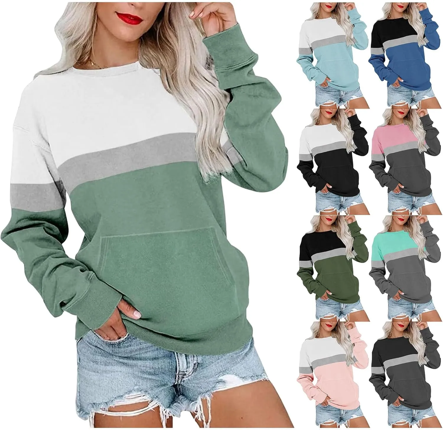 Women's Sweatshirts Casual Long Sleeve Color Block Tops Crewneck Pullover Sweatshirts Lightweight Tops with Pockets