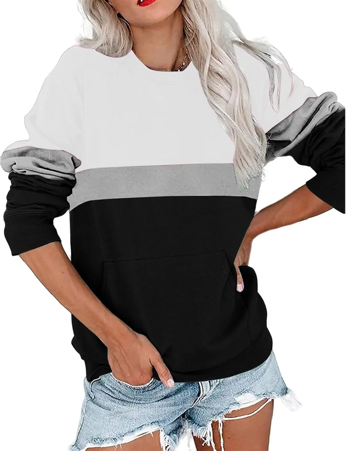 Women's Sweatshirts Casual Long Sleeve Color Block Tops Crewneck Pullover Sweatshirts Lightweight Tops with Pockets