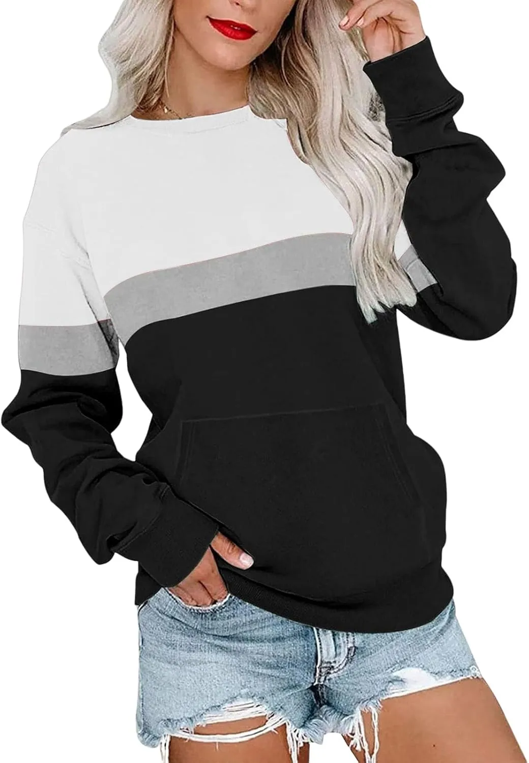 Women's Sweatshirts Casual Long Sleeve Color Block Tops Crewneck Pullover Sweatshirts Lightweight Tops with Pockets