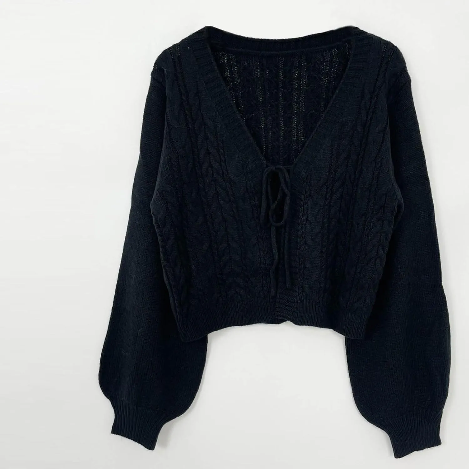 Womens Tie Front Cable Knit Cardigan Long Sleeve V Neck Loose Sweater Lightweight Open Front Soft Knitted Sweater Coat