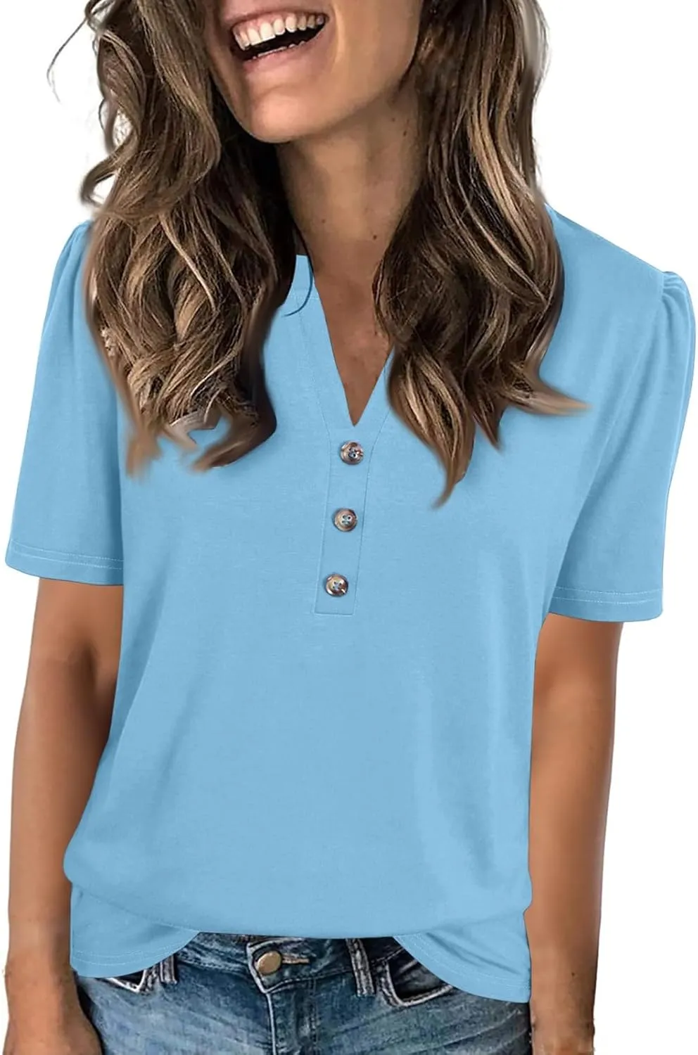 Womens Tops Summer Women's Casual Trendy V Neck Button Down Short Sleeve Business Casual Basic Tee Loose Fit Tshirts