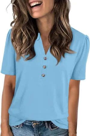 Womens Tops Summer Women's Casual Trendy V Neck Button Down Short Sleeve Business Casual Basic Tee Loose Fit Tshirts