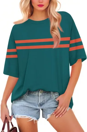 Womens Tops T Shirts Short Sleeve Crewneck Summer Casual Loose Basic Tee Shirt 2025 Trendy Fashion Striped Clothes