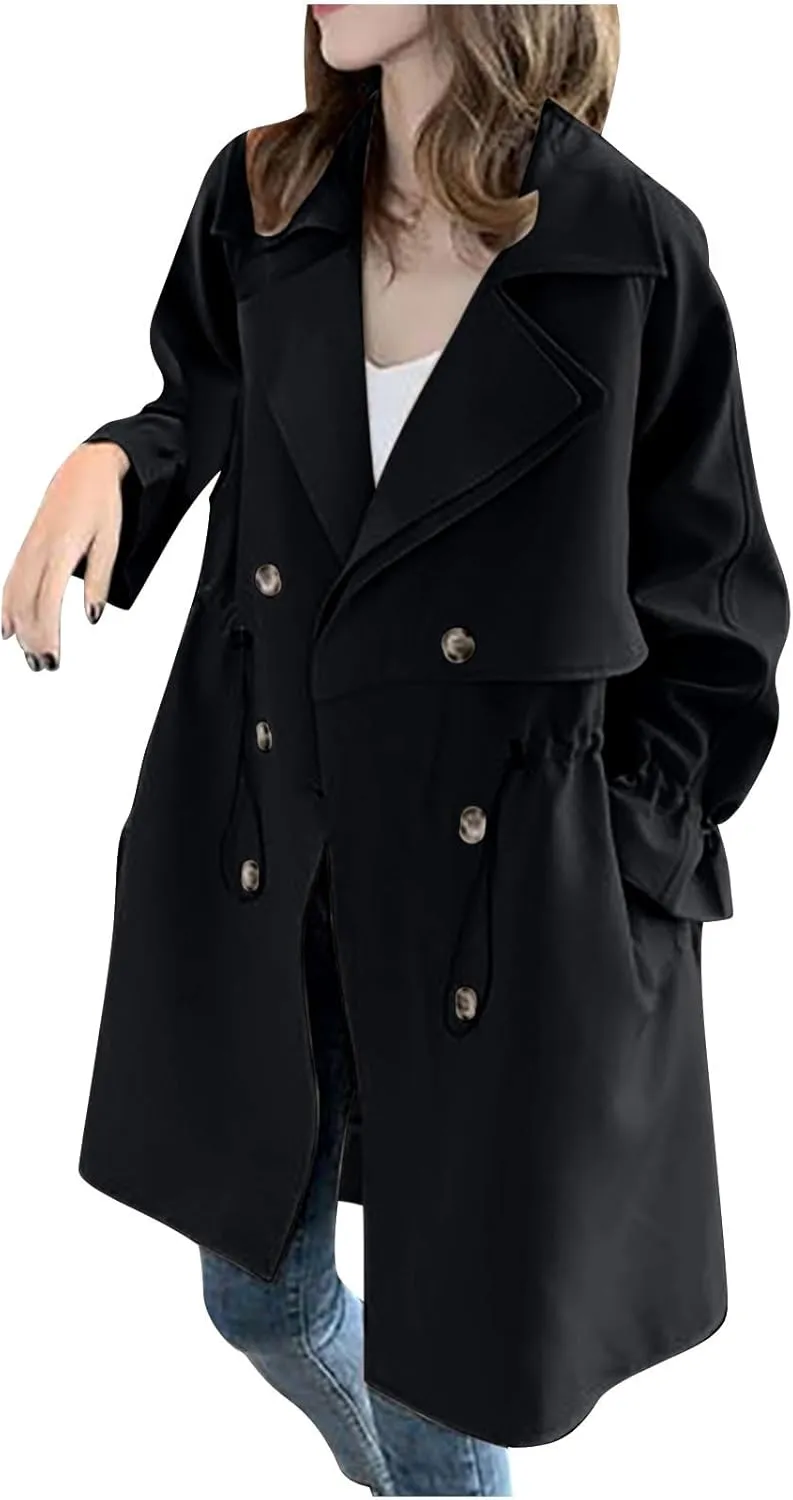 Womens Trench Coat Double-Breasted Classic Lapel Overcoat Hooded Long Spring Fall Outerwear Windbreaker Solid Jacket