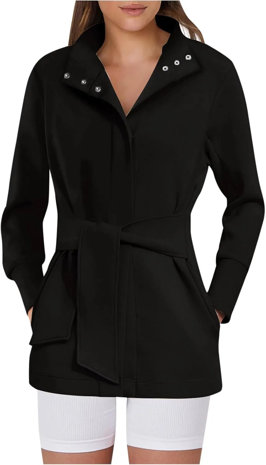 Womens Trench Coat, Mid Long Elegant Outerwear Coats Classic Trendy Overcoats Lapel Winter Solid Jackets with Belt