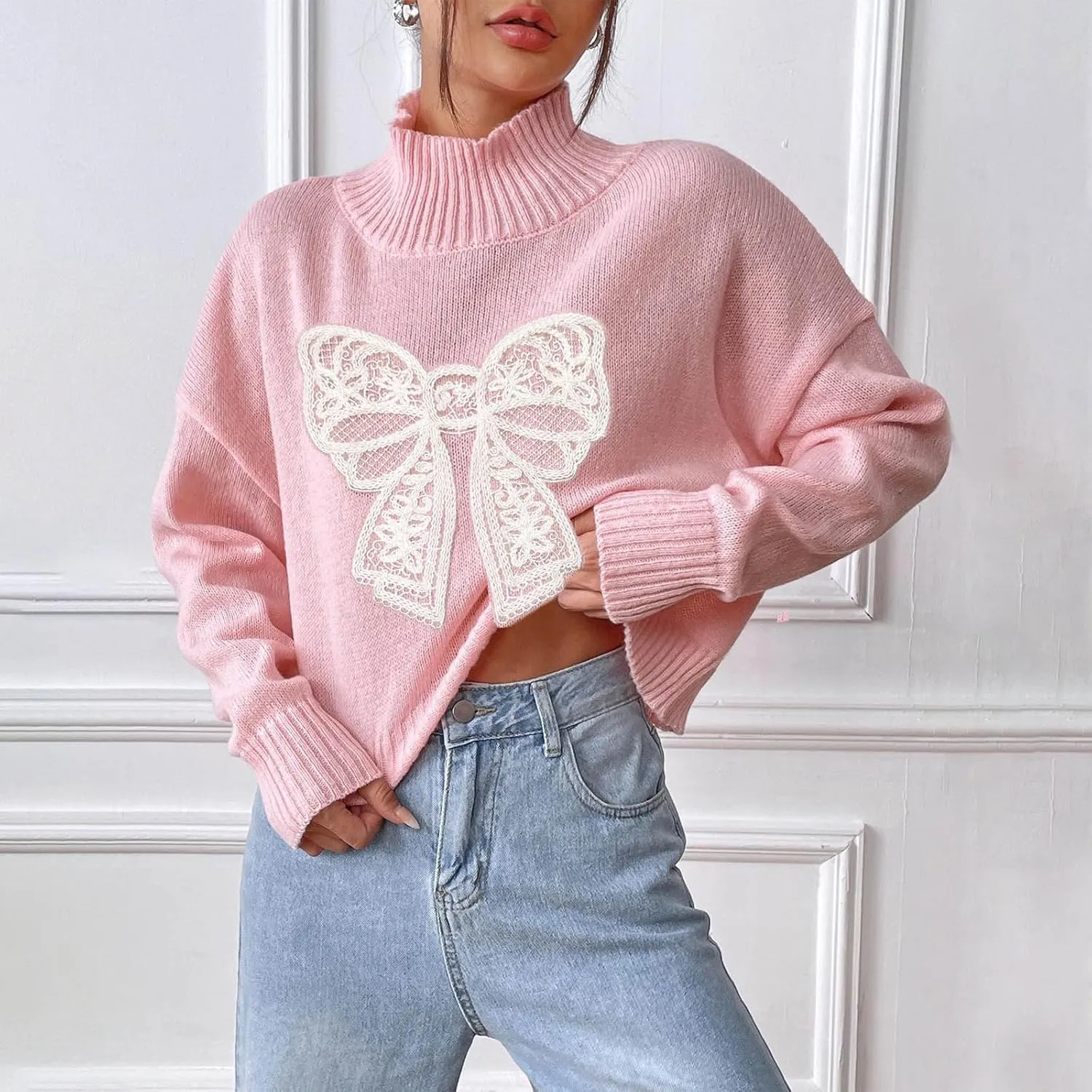 Women's Turtleneck Oversized Sweaters Cute Lace Bow Printing Long Sleeve Drop Shoulder Pullover Knit Jumper Tops
