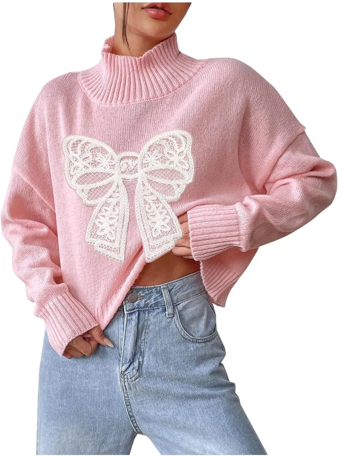 Women's Turtleneck Oversized Sweaters Cute Lace Bow Printing Long Sleeve Drop Shoulder Pullover Knit Jumper Tops