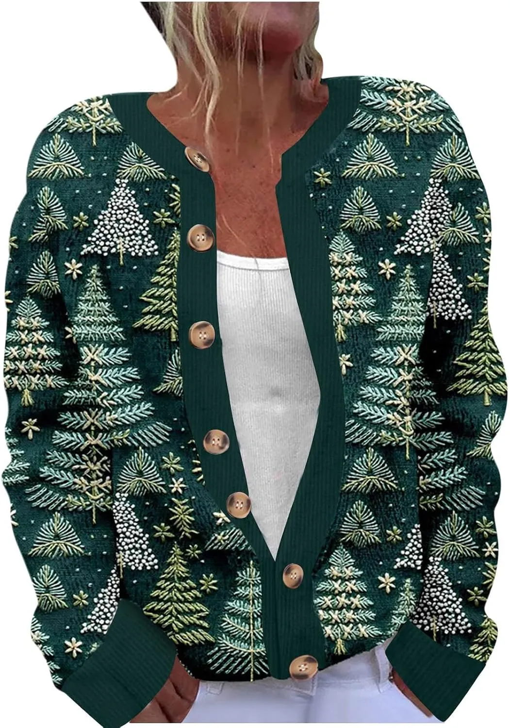 Women's Ugly Christmas Sweater Fall Winter Cute Xmas Open Front Button Down Sweater Cardigans Knitted Coat Outwear