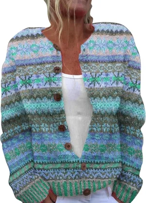 Women's Vintage Fair Isle Cardigan Sweater Winter Fall Casual Loose Long Sleeve Long Sleeve Knitted Sweater Tops 2024