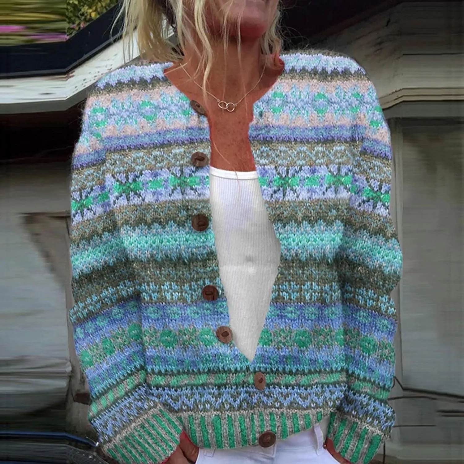 Women's Vintage Fair Isle Cardigan Sweater Winter Fall Casual Loose Long Sleeve Long Sleeve Knitted Sweater Tops 2024