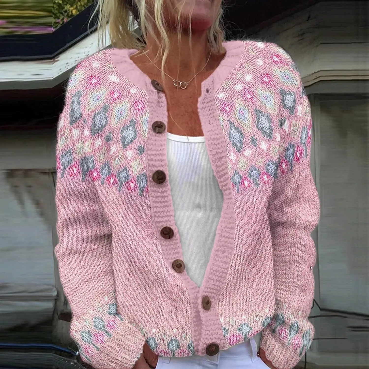 Women's Vintage Fair Isle Sweater Vintage Long Sleeve Boat Neck Retro Lightweight Cardigan Top for Fall Winter