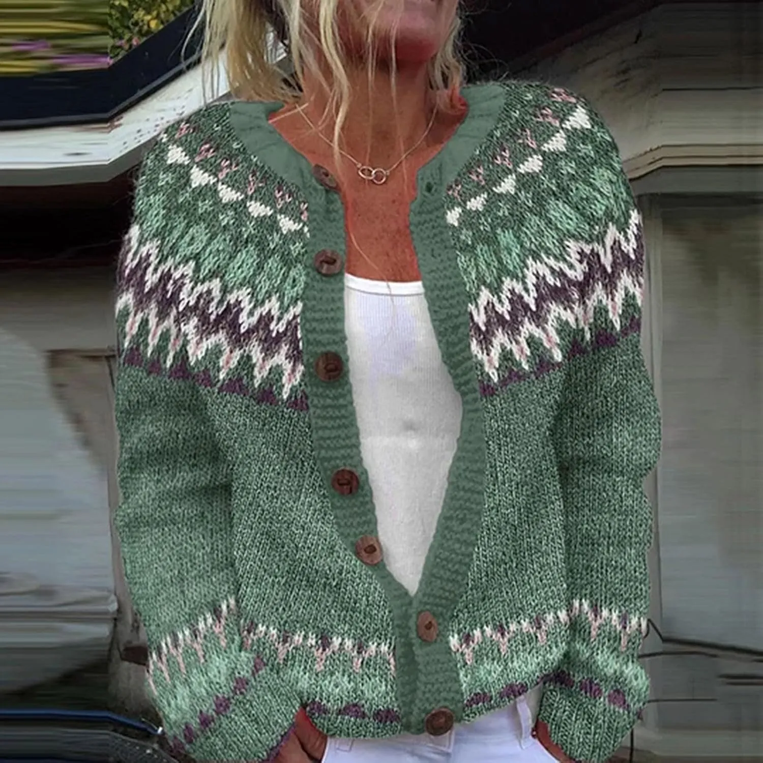 Women's Vintage Fair Isle Sweater Vintage Long Sleeve Boat Neck Retro Lightweight Cardigan Top for Fall Winter