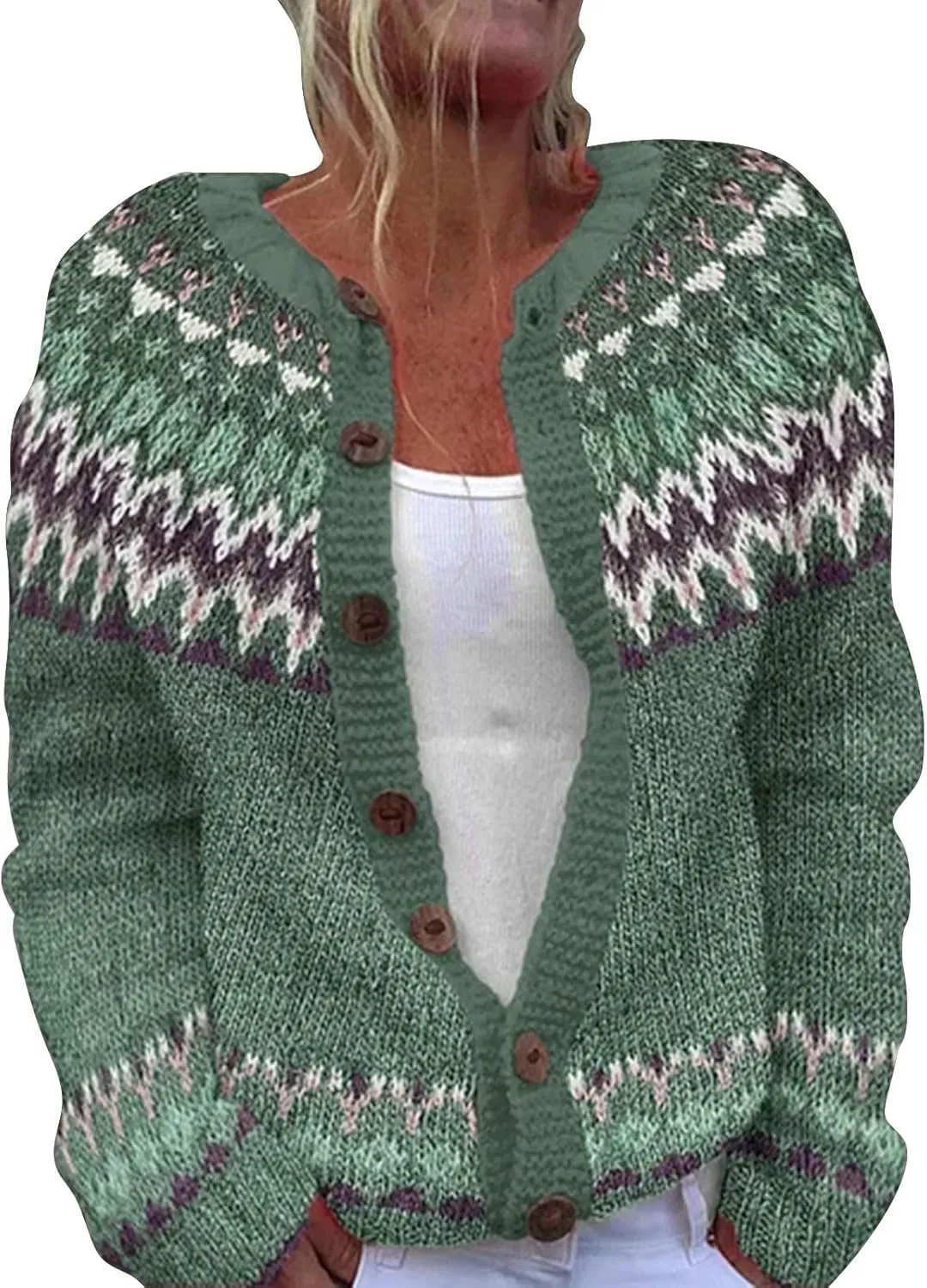 Women's Vintage Fair Isle Sweater Vintage Long Sleeve Boat Neck Retro Lightweight Cardigan Top for Fall Winter