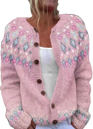 Women's Vintage Fair Isle Sweater Vintage Long Sleeve Boat Neck Retro Lightweight Cardigan Top for Fall Winter