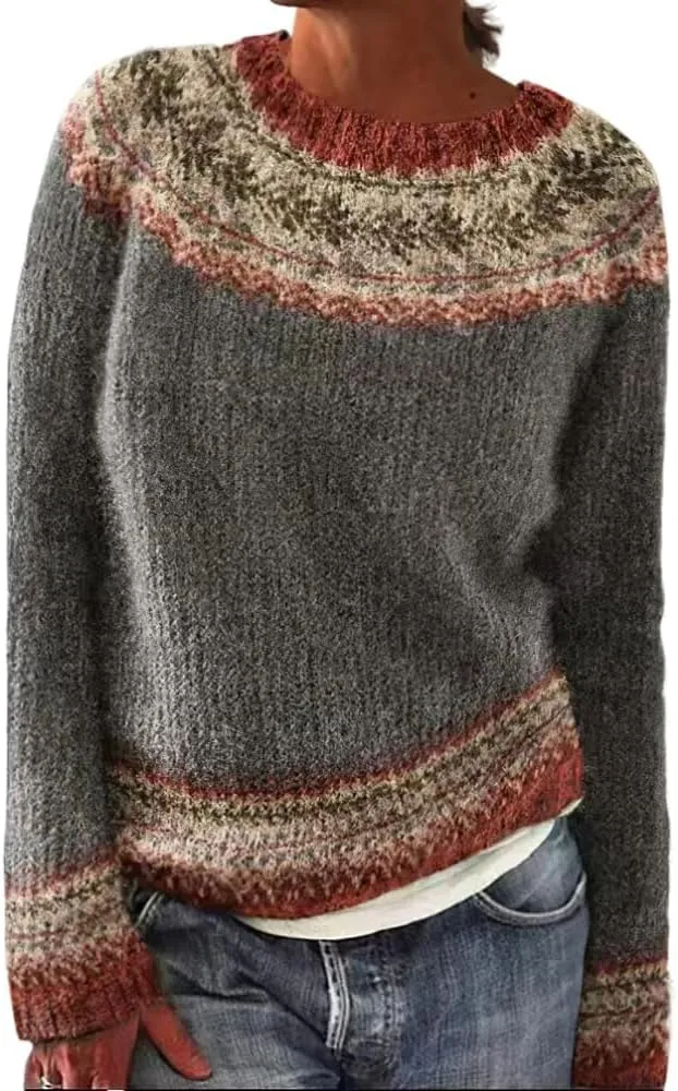 Women's Vintage Fair Isle Sweater Women's Knitted Isle Print Retro Sweater Casual Loose Crewneck Pullover Sweater